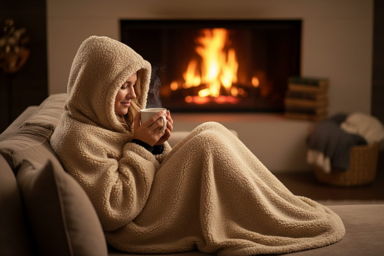 Person wrapped in ultra cozy lambs wool hoodie blanket on a couch with warm fireplace lighting