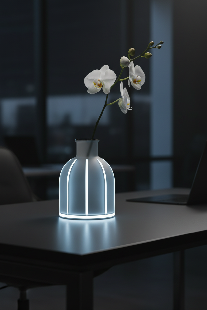 Gray LED frosted glass vase on modern office desk with white orchid