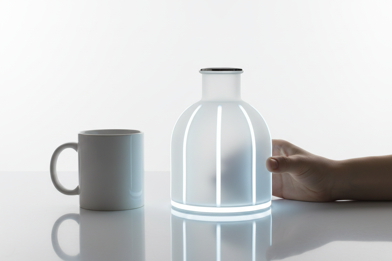Size comparison showing the LED frosted glass vase next to a coffee mug and hand