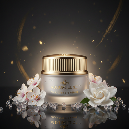 Luxury collagen eye cream glass jar with gold lid surrounded by collagen pearls and flowers