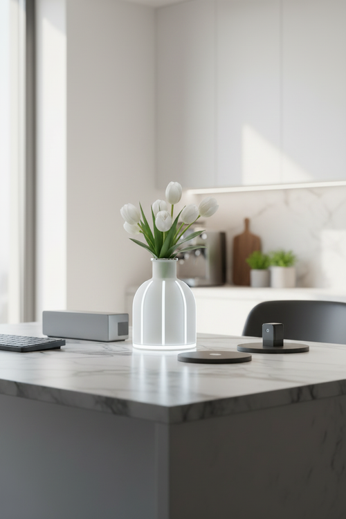 White LED frosted glass vase on marble kitchen countertop with white tulips