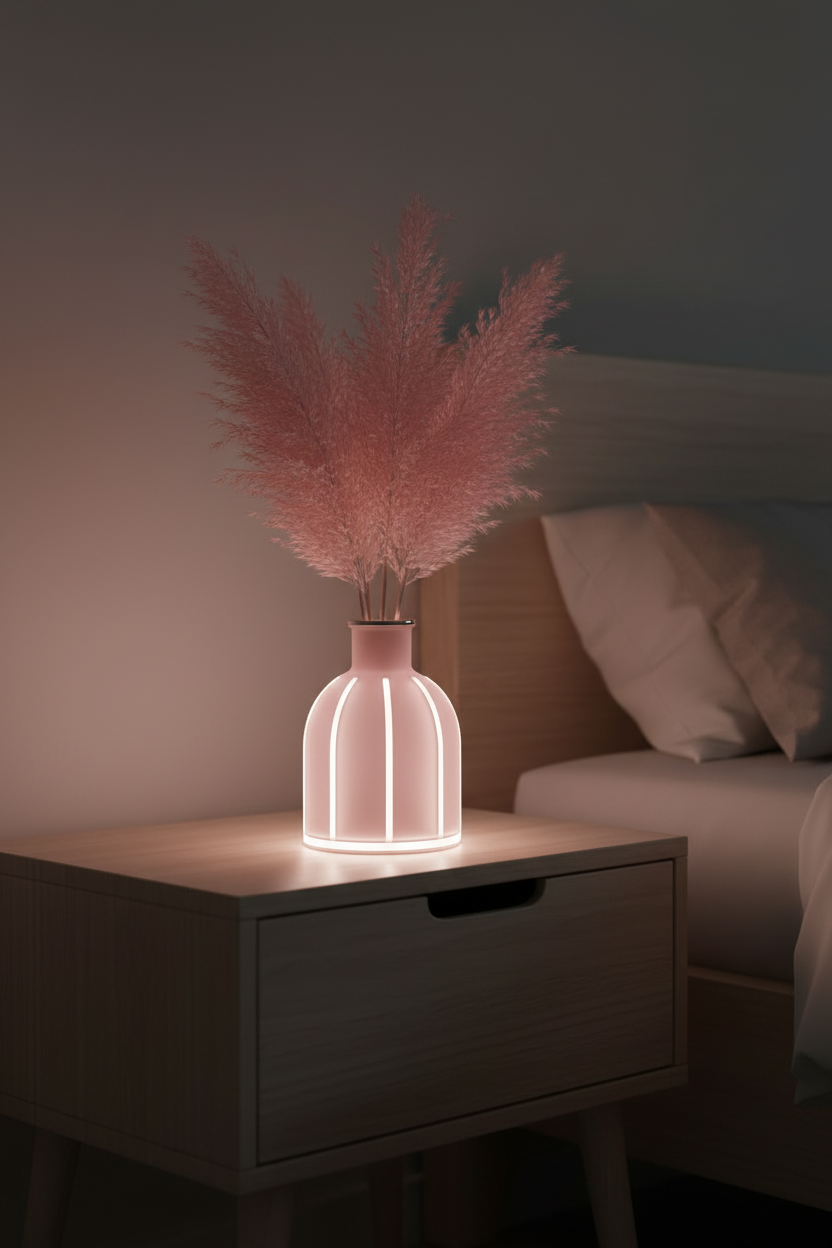 Pink LED frosted glass vase on bedroom nightstand with pampas grass