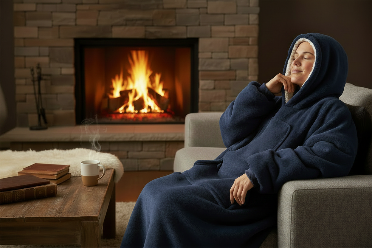 Person snuggled in navy blue oversized hoodie blanket on a couch with hot cocoa