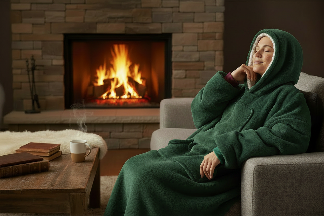 Person snuggled in forest green oversized hoodie blanket on a couch with hot cocoa