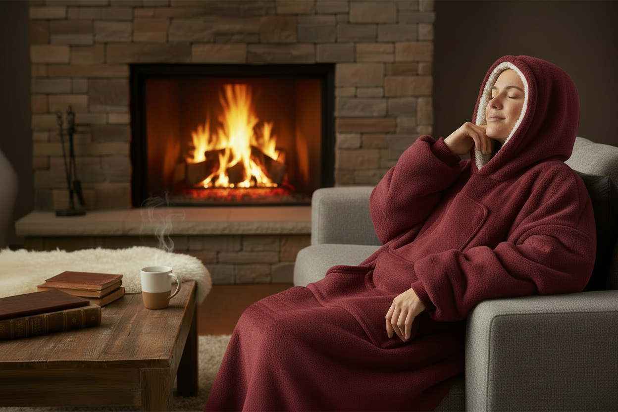 Person snuggled in burgundy red oversized hoodie blanket on a couch with hot cocoa