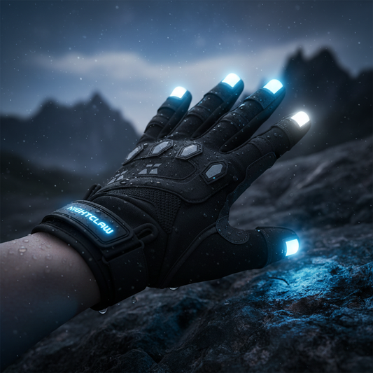 Fingerless LED glove with glowing lights on fingertips against dark dramatic background