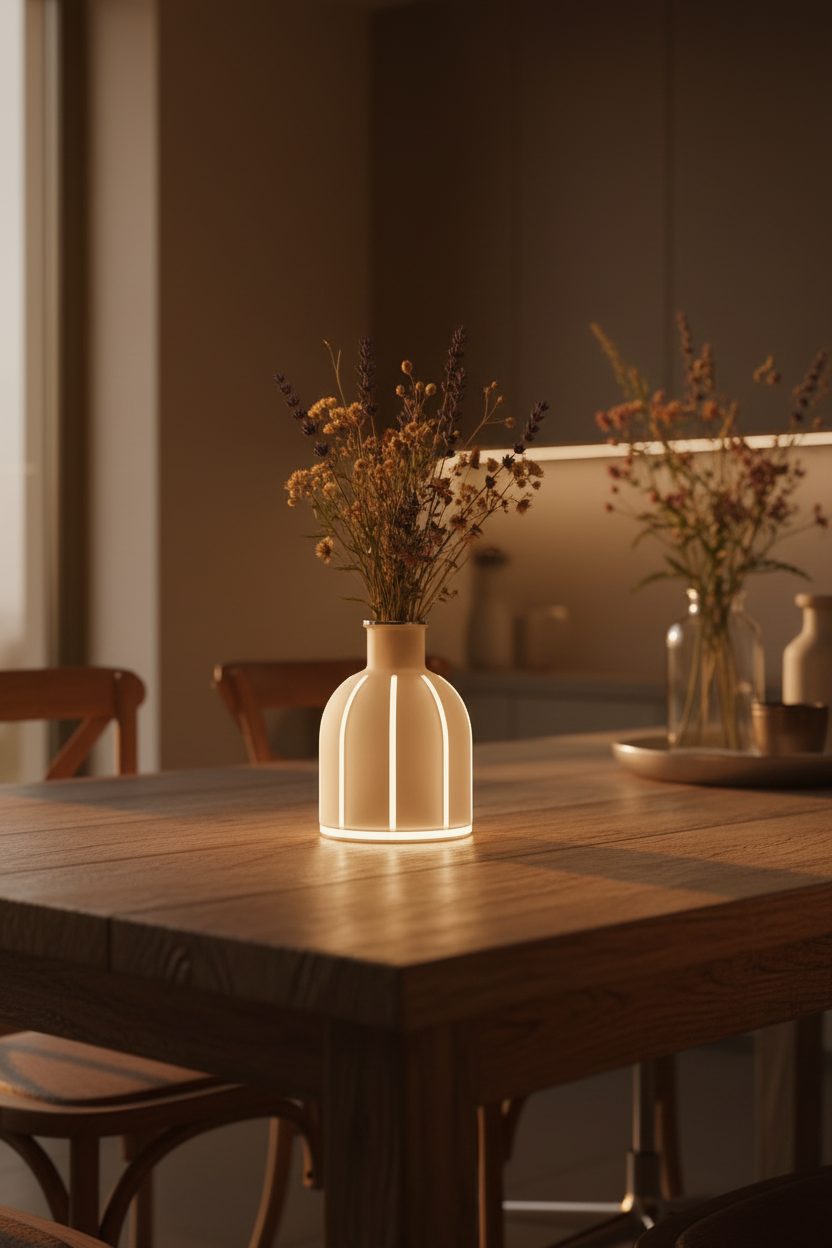 Beige LED frosted glass vase on farmhouse dining table with dried wildflowers